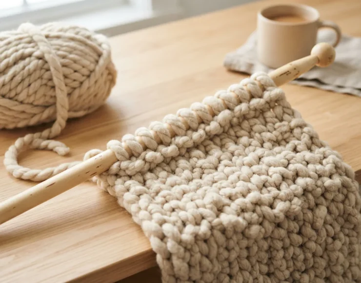 A pair of large knitting needles with several rows of the bulky yarn already worked into a project.