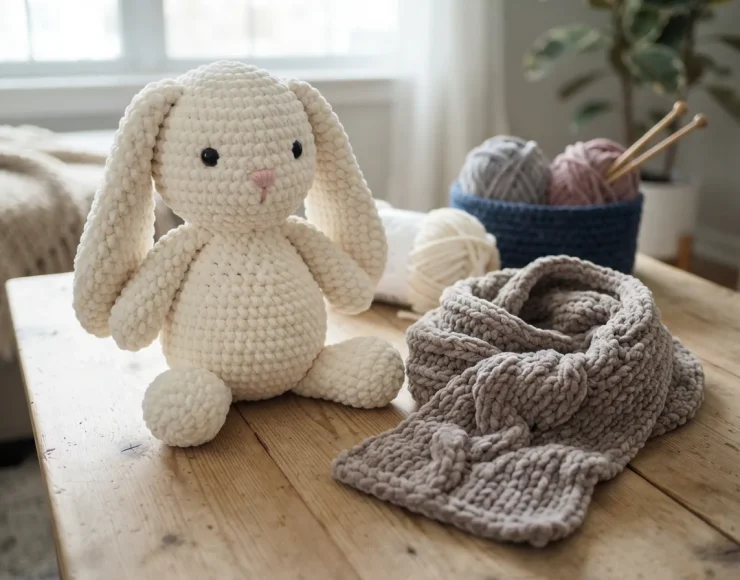 Several finished chenille projects, including a plush toy and a scarf, displayed together.