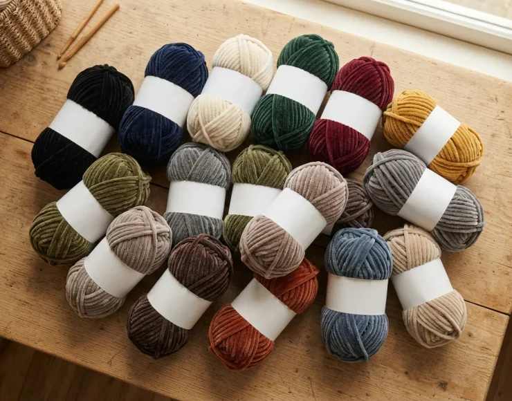 Multiple skeins of Royal Velvet yarn in various solid colors arranged on a wooden surface.