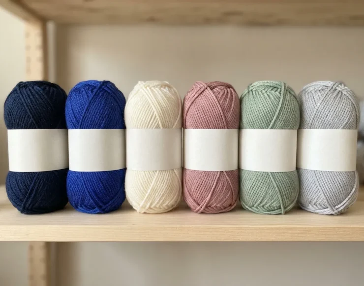 An organized yarn collection showing multiple skeins of Impressions yarn in various colors like Navy, Lapis, and Cream.