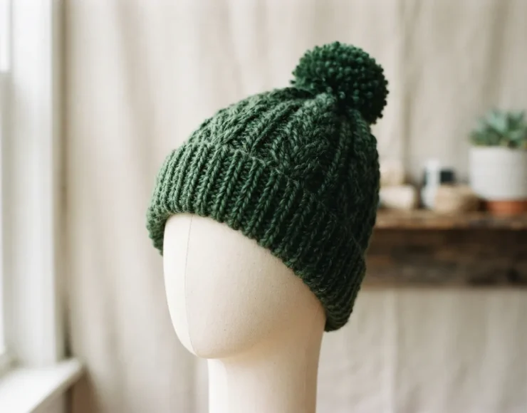 A knitted hat on a mannequin head, showcasing the bulky, textured fabric made with Textured Twist yarn.
