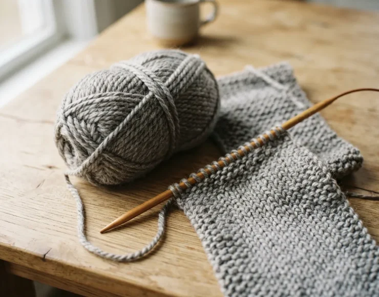 A full ball of Soft & Shiny yarn next to a partially knitted project, showing its generous size.