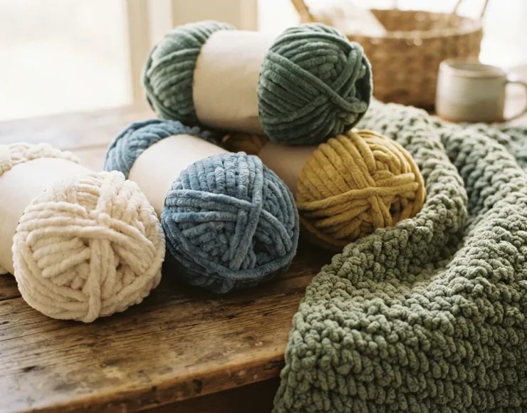A close-up of soft, plush chenille yarn draped over a cozy, crocheted blanket.