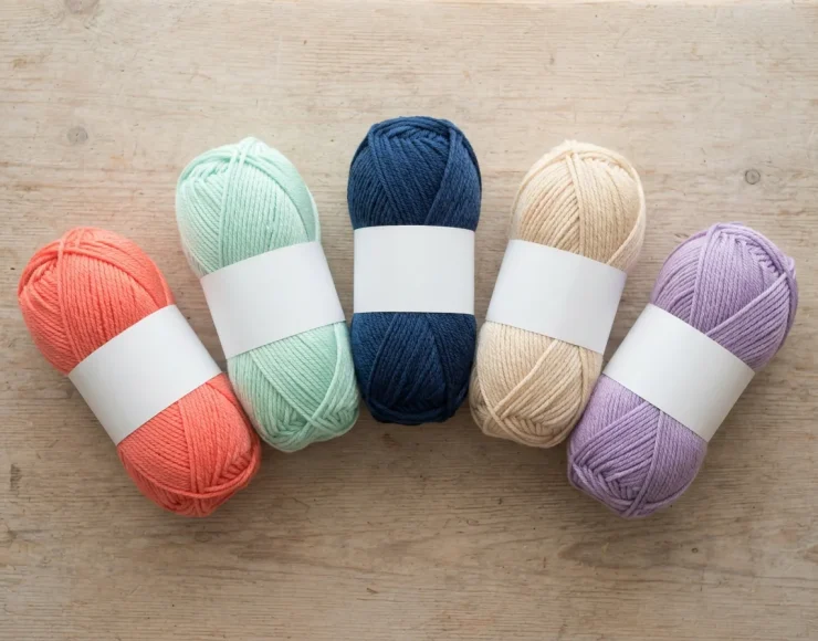 Five skeins of Silky Soft yarn arranged in a fan, showing a variety of colors including coral, mint green, and navy blue.