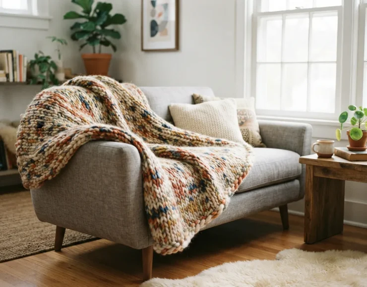 A cozy, handmade blanket draped over a modern sofa, showcasing the variegated color pattern of the Twisted Tones yarn.