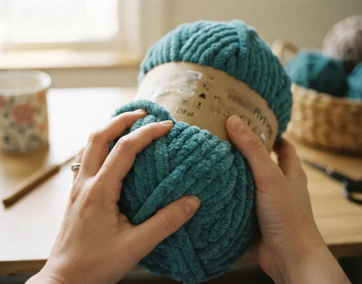 A person's hands holding a skein of teal Sweet Snuggles Lite yarn, showing the generous yardage label.