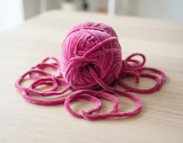 A single skein of Loops & Threads Skinny Chenille yarn with the yarn strand loosely looping around it.