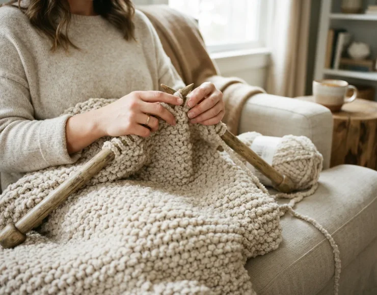 A partially finished knit blanket made with super bulky Cozy Boucle yarn on large needles.