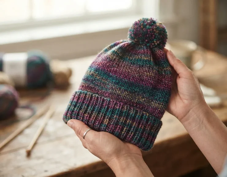 A pair of hands holding a soft, finished knit hat made with Facets yarn.