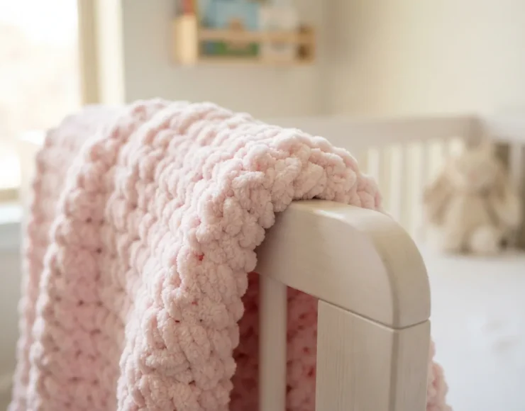 A close-up of a soft, light pink Sweet Snuggles Lite chenille yarn blanket draped over a nursery crib.