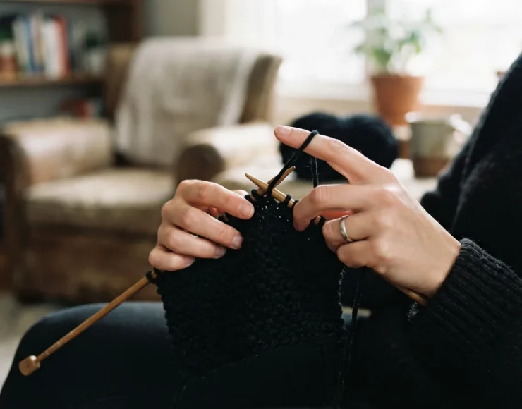 Hands are shown knitting with black Royal Velvet yarn, demonstrating a simple stitch pattern.