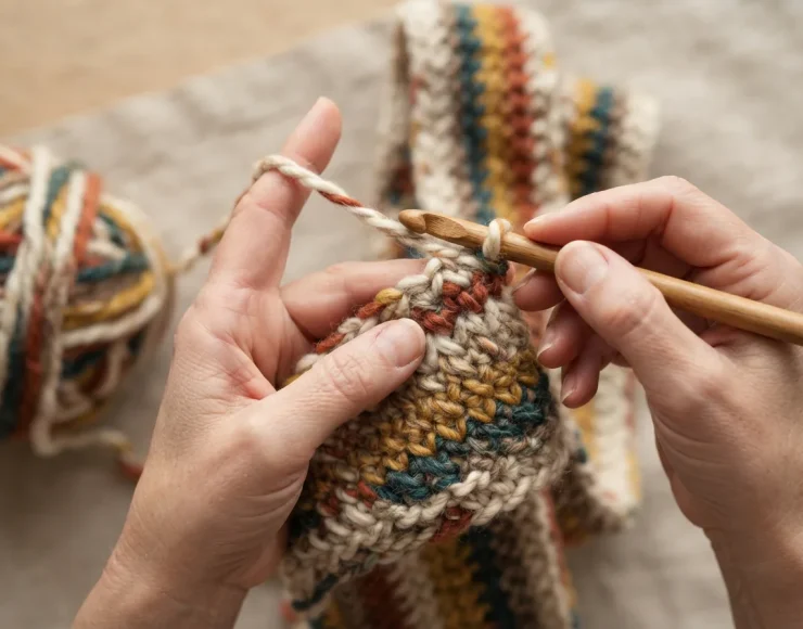 A person's hands crocheting a simple scarf with the Twisted Tones yarn, showing the easy stitch work.