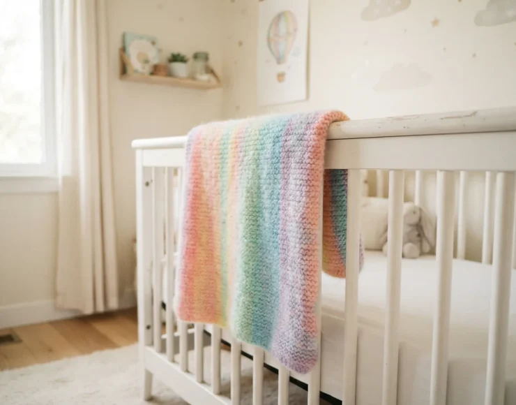 A finished, soft baby blanket made with pastel rainbow yarn draped over a crib.