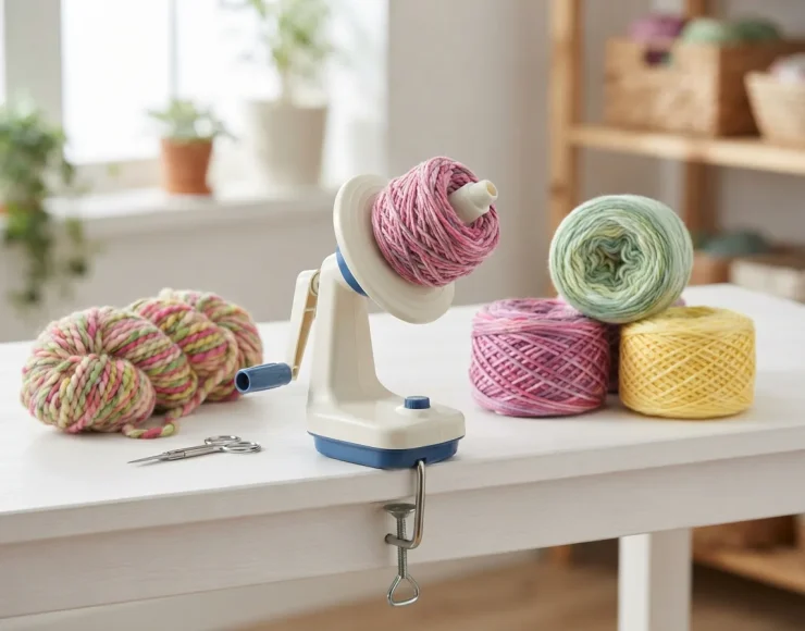 Several neatly wound yarn cakes in different colors sitting beside the yarn winder, showing organized storage.