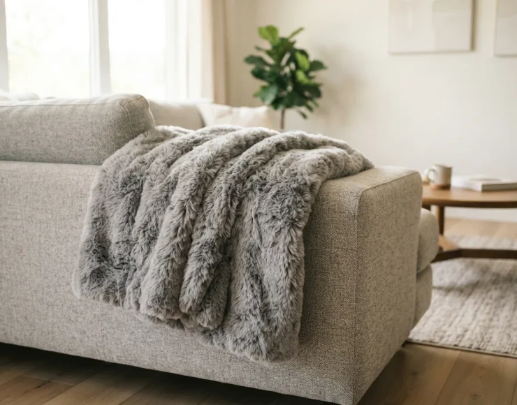 A finished, folded gray faux fur blanket draped over the arm of a modern sofa.