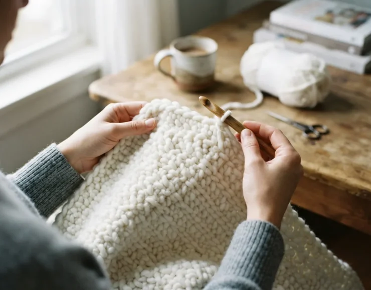 A person's hands holding a partially completed crochet blanket made with white jumbo yarn.
