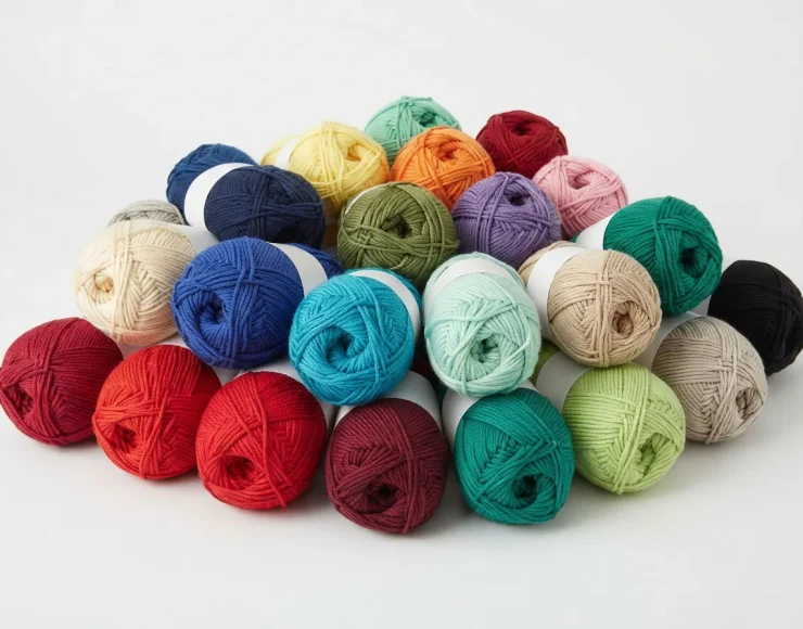 Several skeins of Loops and Threads Everyday Cotton yarn in a variety of rich colors, arranged together to show the wide selection.