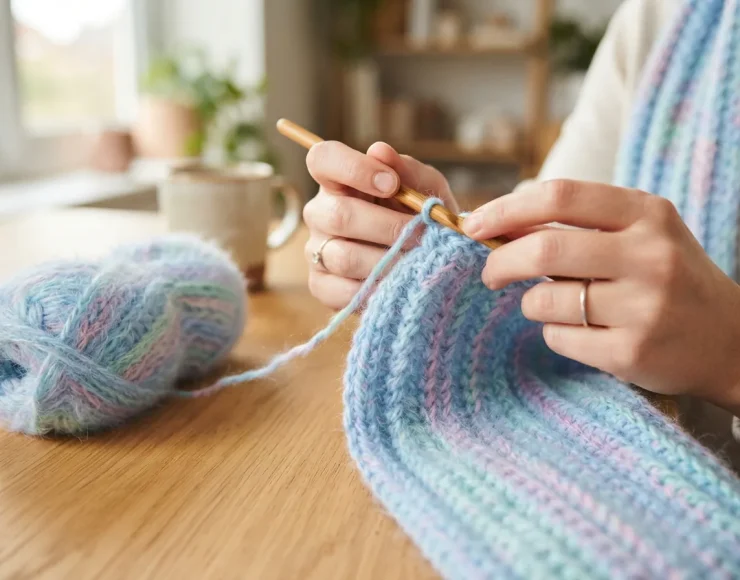 Hands quickly crocheting a scarf with a pastel blue skein of brushed rainbow yarn.