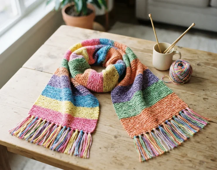 Finished knitted scarf with colorful stripes made from Carousel Twist Yarn.