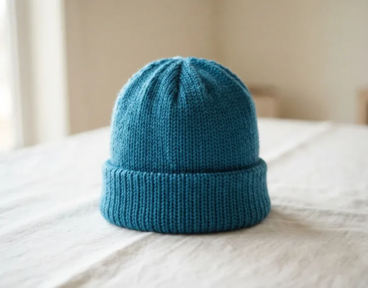 A finished, machine-washable hat made from Soft & Shiny yarn, looking clean and well-structured.