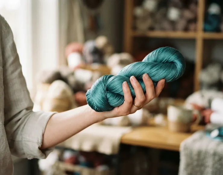 Close-up of a soft, silky yarn in a light teal color draped over a woman's forearm, highlighting its smooth texture.