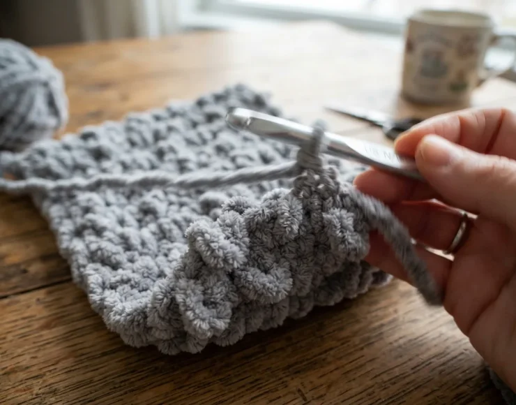 A crochet hook working through the loops of a partially completed grey Sweet Snuggles Lite yarn scarf.