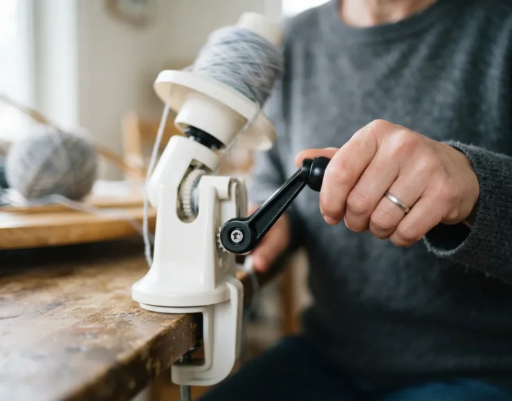 A close-up view of the yarn winder's mechanical hand crank being turned smoothly by a person's hand.