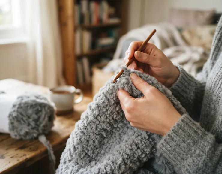 A close-up of a person's hands working with gray faux fur yarn on crochet hooks.
